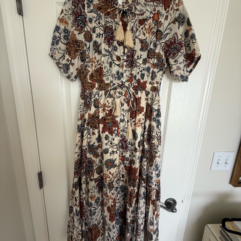 Elan Floral Tiered Maxi Dress Cream Brown Blue Tassel Size M